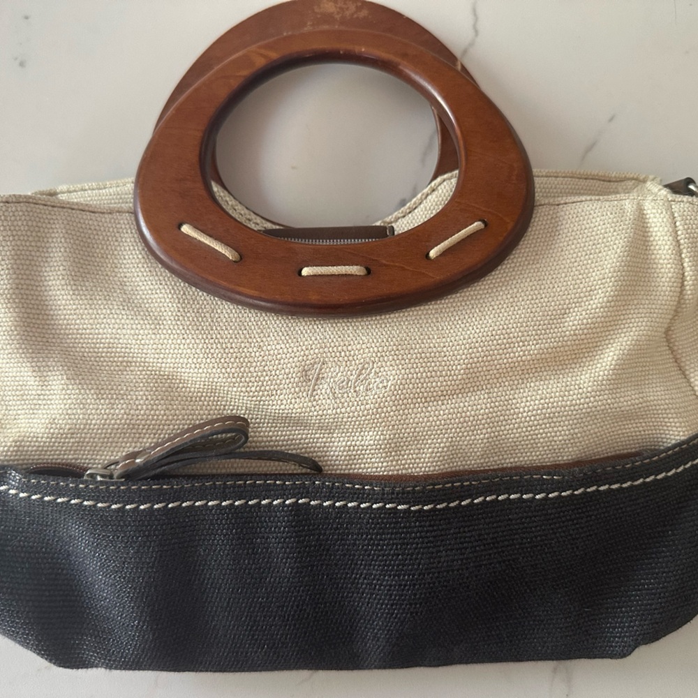 Relic Black and Cream Clutch with Elegant Wooden Handles